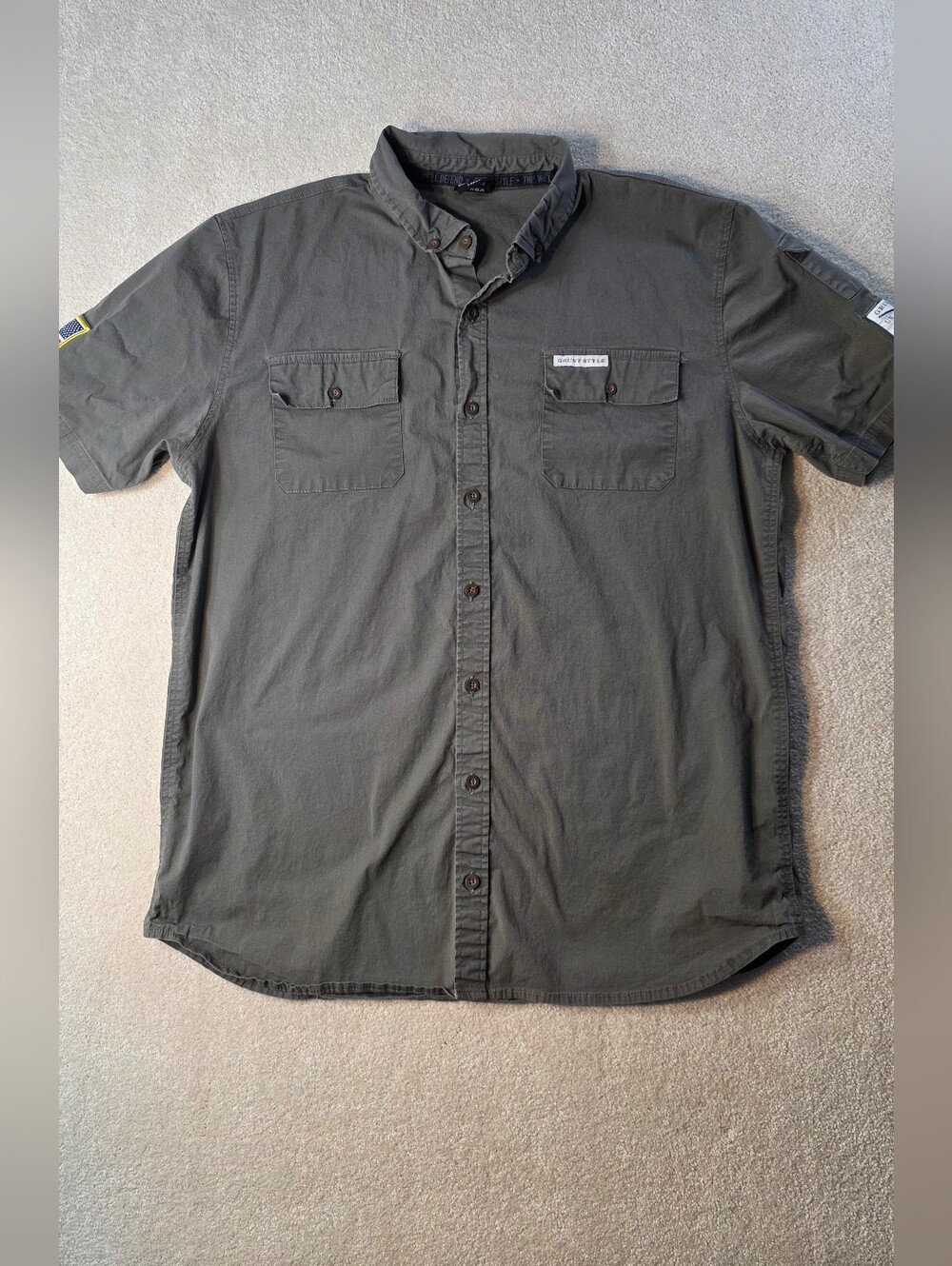 Grunt Style Military Green Short Sleeve Button Up Shirt Utility Casual Outdoor L